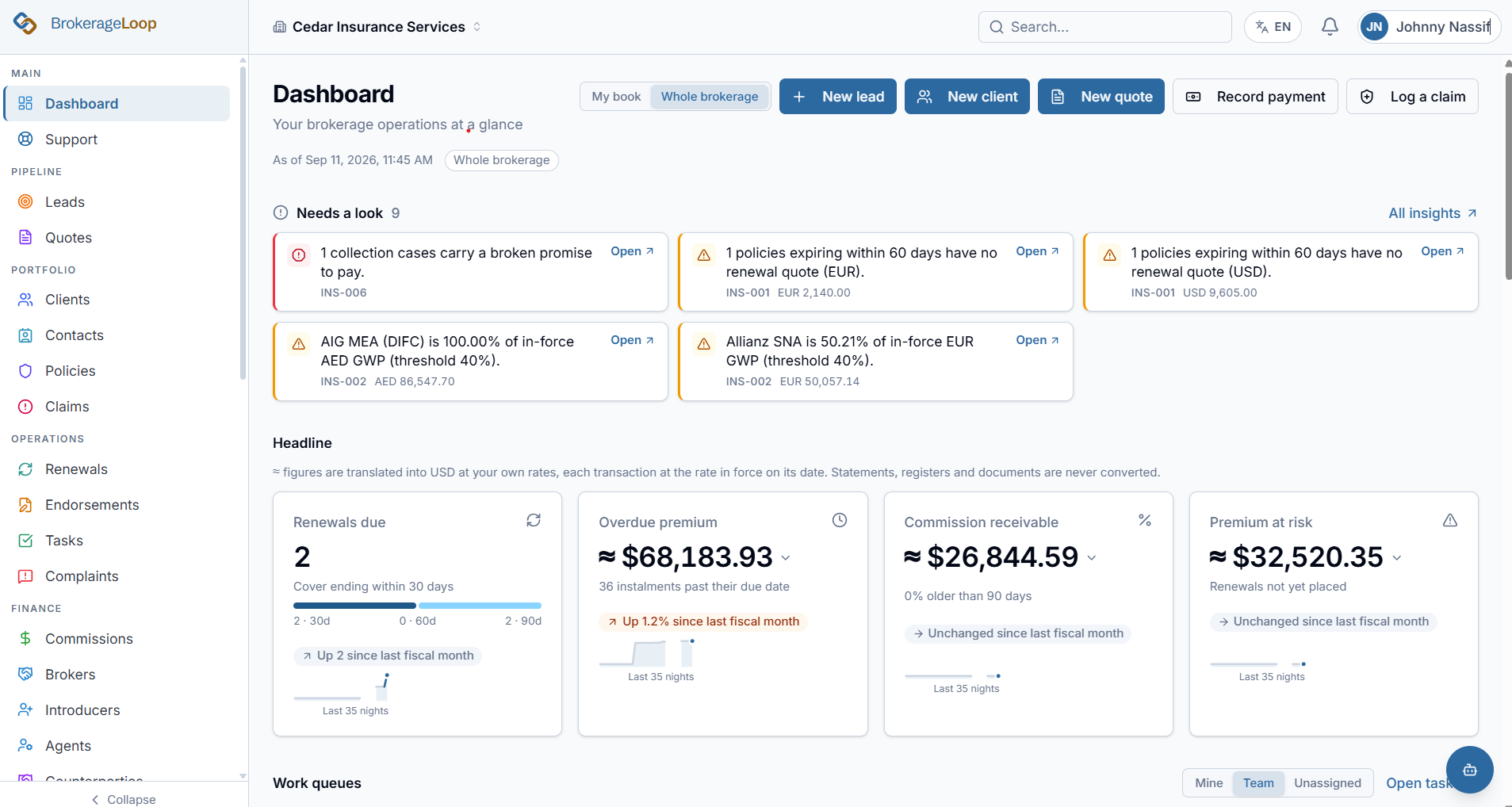 BrokerageLoop web dashboard showing renewals, overdue premium, commission receivable and premium-at-risk cards